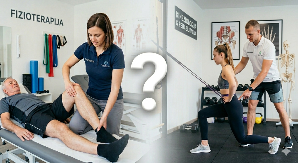 slika prikazuje fizioterapevta in kineziologa ki opravlja rehabilitacijo.