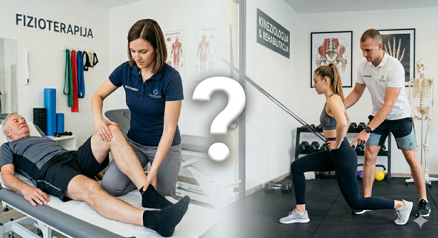 slika prikazuje fizioterapevta in kineziologa ki opravlja rehabilitacijo.