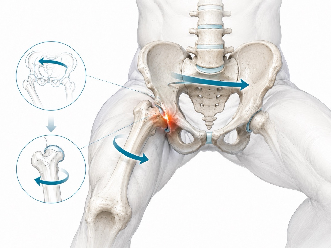Shema notranje rotacije kolka in orientacije medenice pri počepu, ki pojasnjuje nastanek ščipanja v sprednjem delu kolka