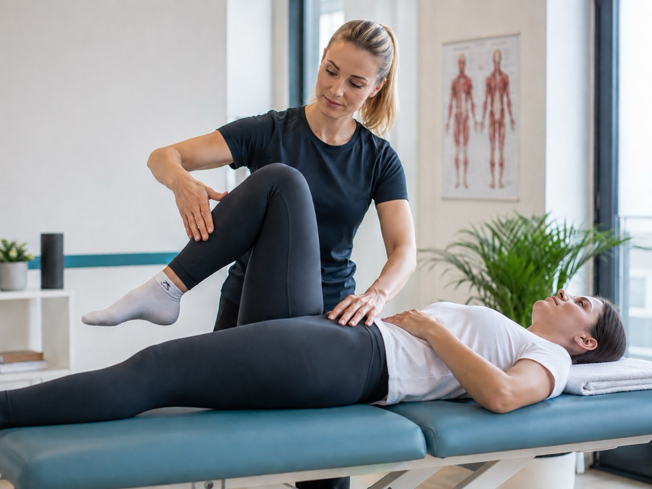 Kineziolog v Kinezio kliniki ocenjuje gibljivost kolka pri stranki med diagnostiko telesa