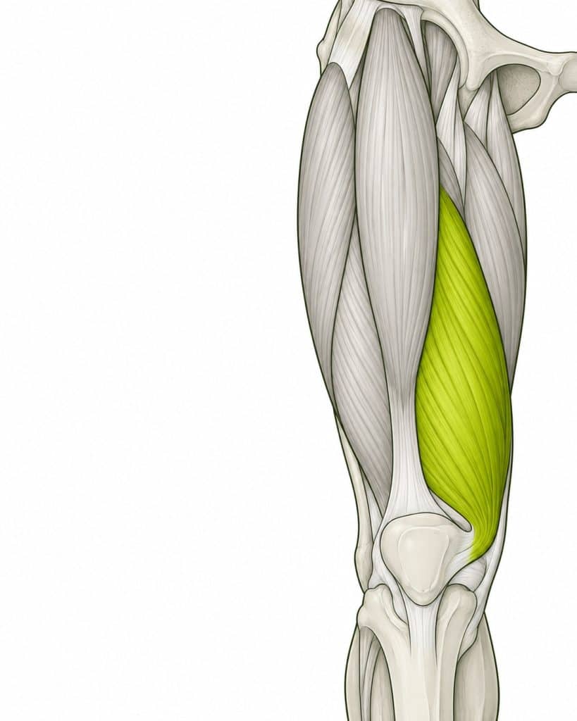 Anatomska ilustracija sprednje strani stegna s štirimi glavami kvadricepsa, kjer je poudarjen vastus medialis nad notranjim delom kolena